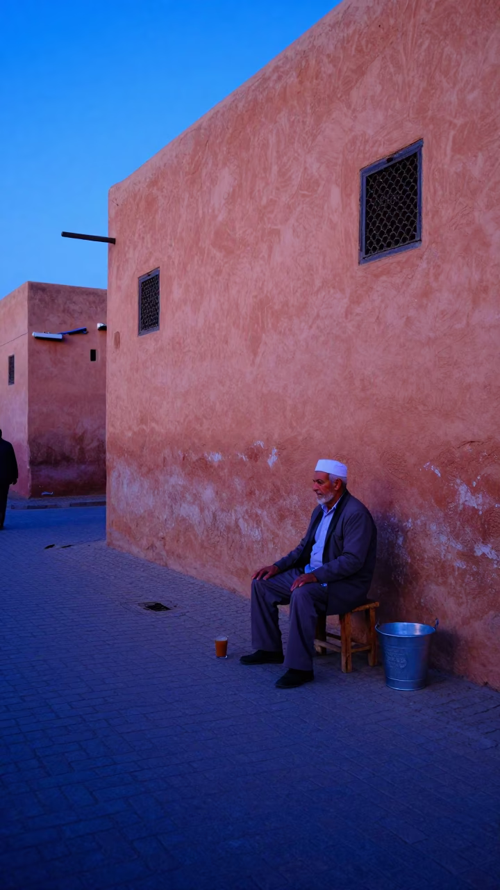 Pre-dawn Marrakech Street Scene with Chai and Metal Bucket in in Marrakech, Morocco