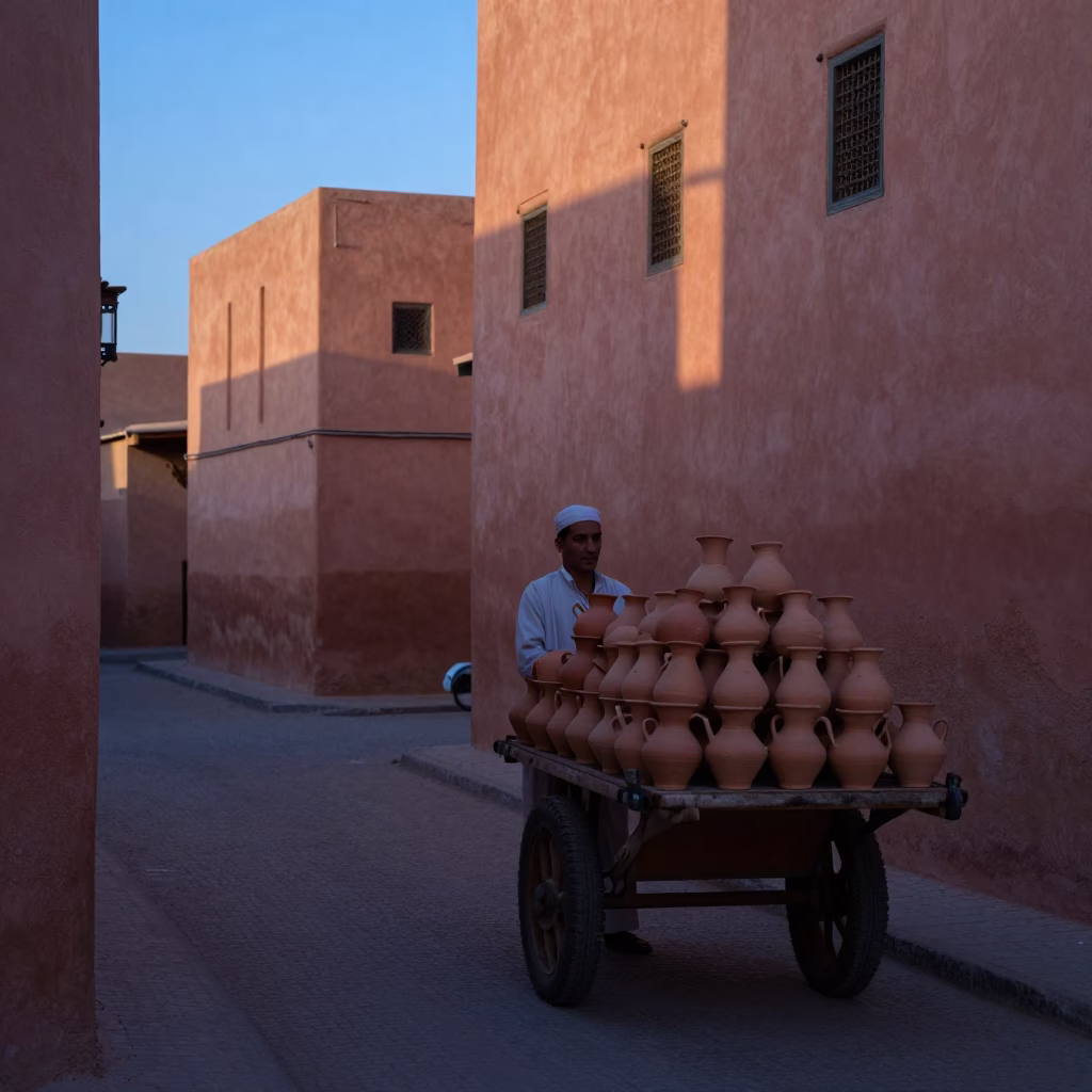 Pre-Dawn Marrakech Street Scene with Clay Pots and Traditional Architecture in in Marrakech, Morocco