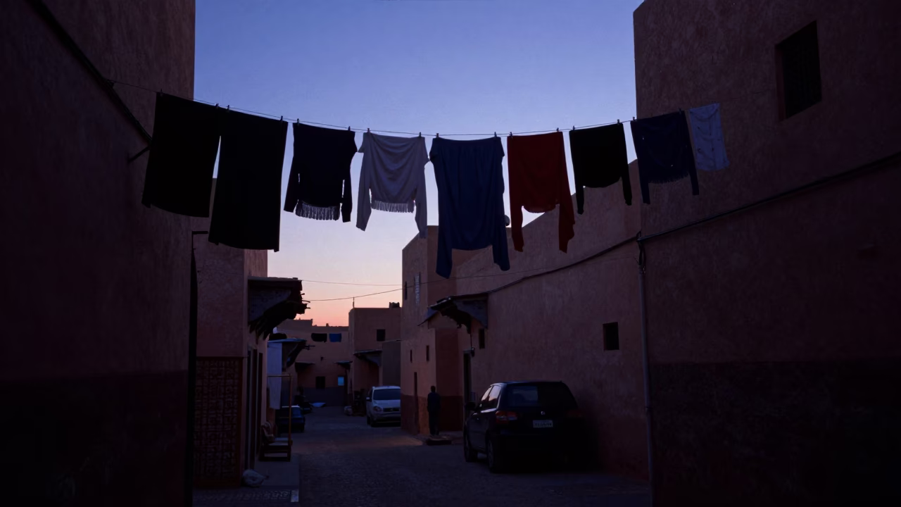 Pre-dawn Marrakech Street Scene with Hanging Laundry and Local Architecture in in Marrakech, Morocco