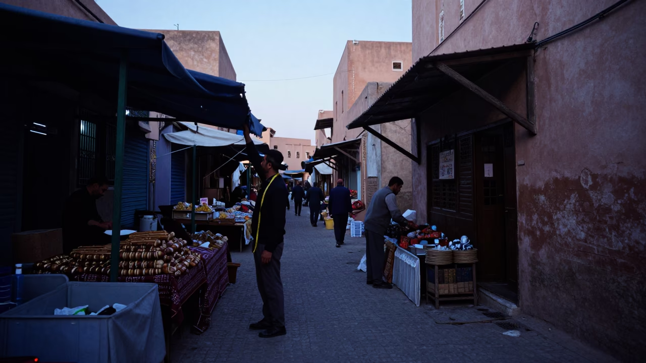 Pre-Dawn Marrakech Street Scene with Measuring Tape and Morning Activity in in Marrakech, Morocco