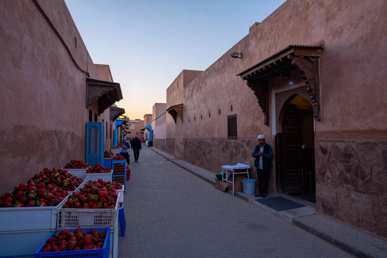 Pre-Dawn Marrakech Street Scene with Strawberries and Local Commerce in in Marrakech, Morocco