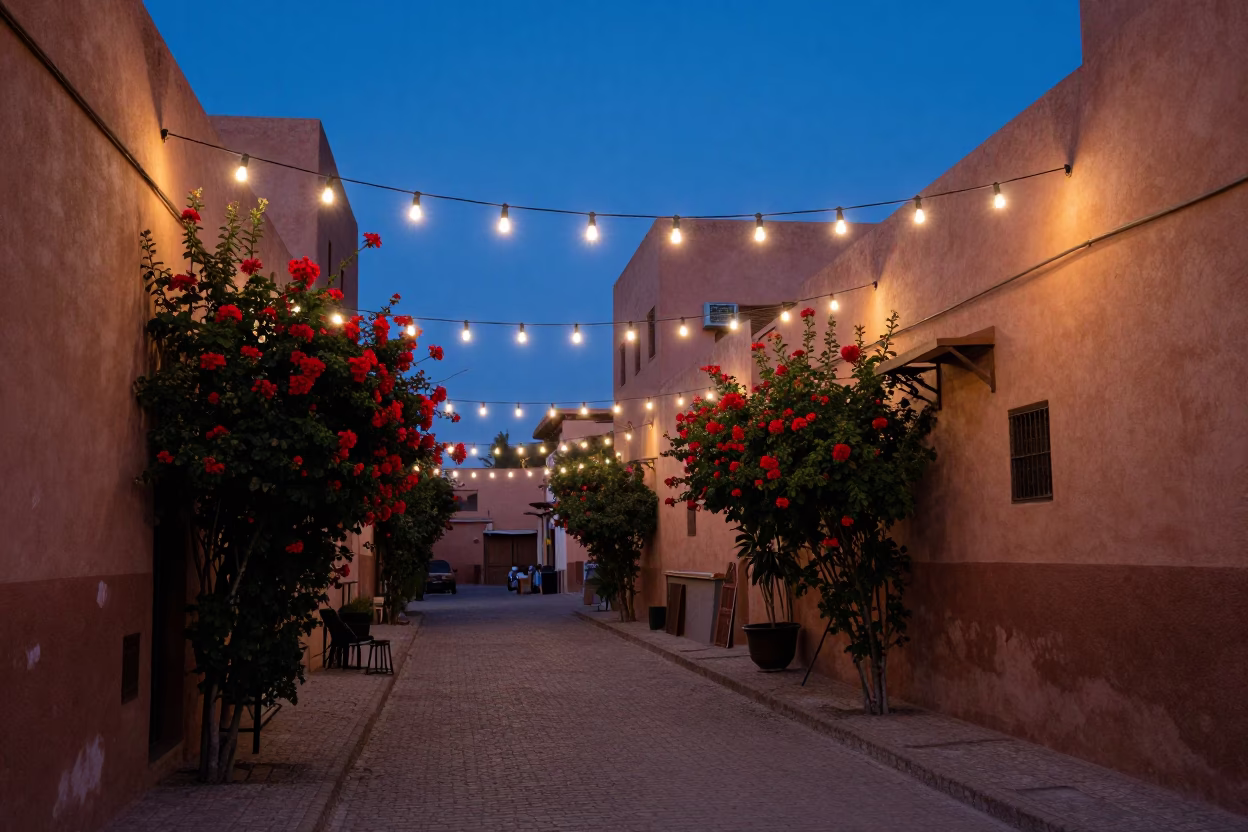 Pre-dawn Marrakech street scene with string lights and geraniums in Morocco in in Marrakech, Morocco