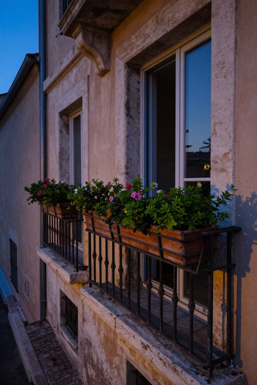 Pre-dawn Marseille balcony scene with window boxes and flowering plants in in Marseille, France