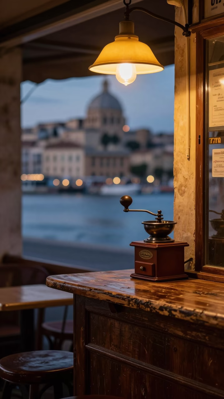 Pre-dawn Marseille Cafe Counter with Vintage Coffee Grinder and Glass Sugar Jar in in Marseille, France