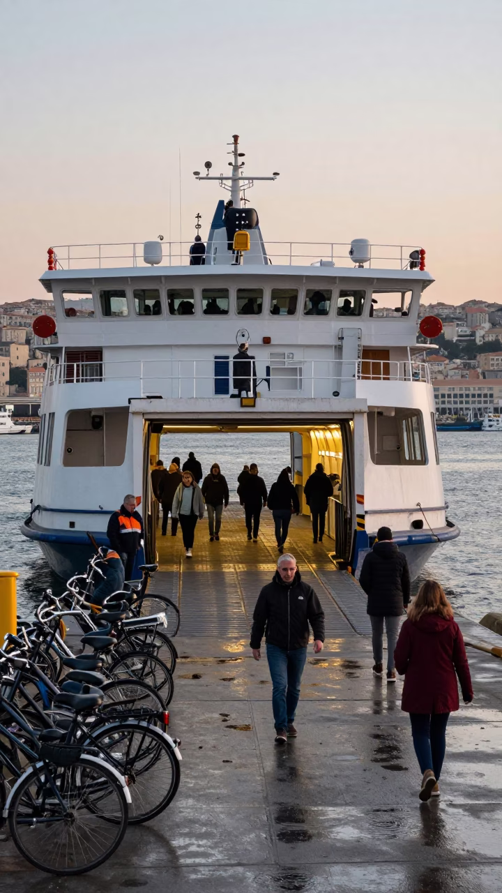 Pre-dawn Marseille Ferry Dock Loading Bicycles and Passengers in Early Morning Light in in Marseille, France
