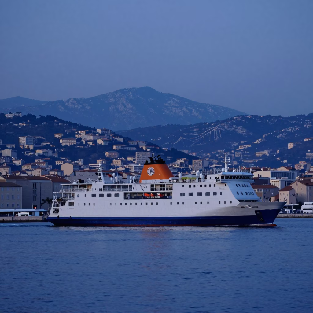 Pre-Dawn Marseille Harbor Ferry Departure with Coastal Mountains and Morning Mist in in Marseille, France
