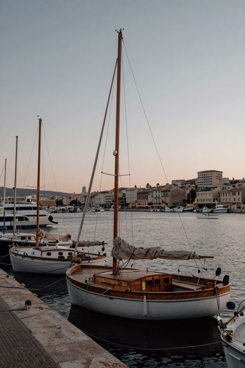 Pre-dawn Marseille Harbor Scene with Moored Wooden Sailboats and Misty Waterfront in in Marseille, France