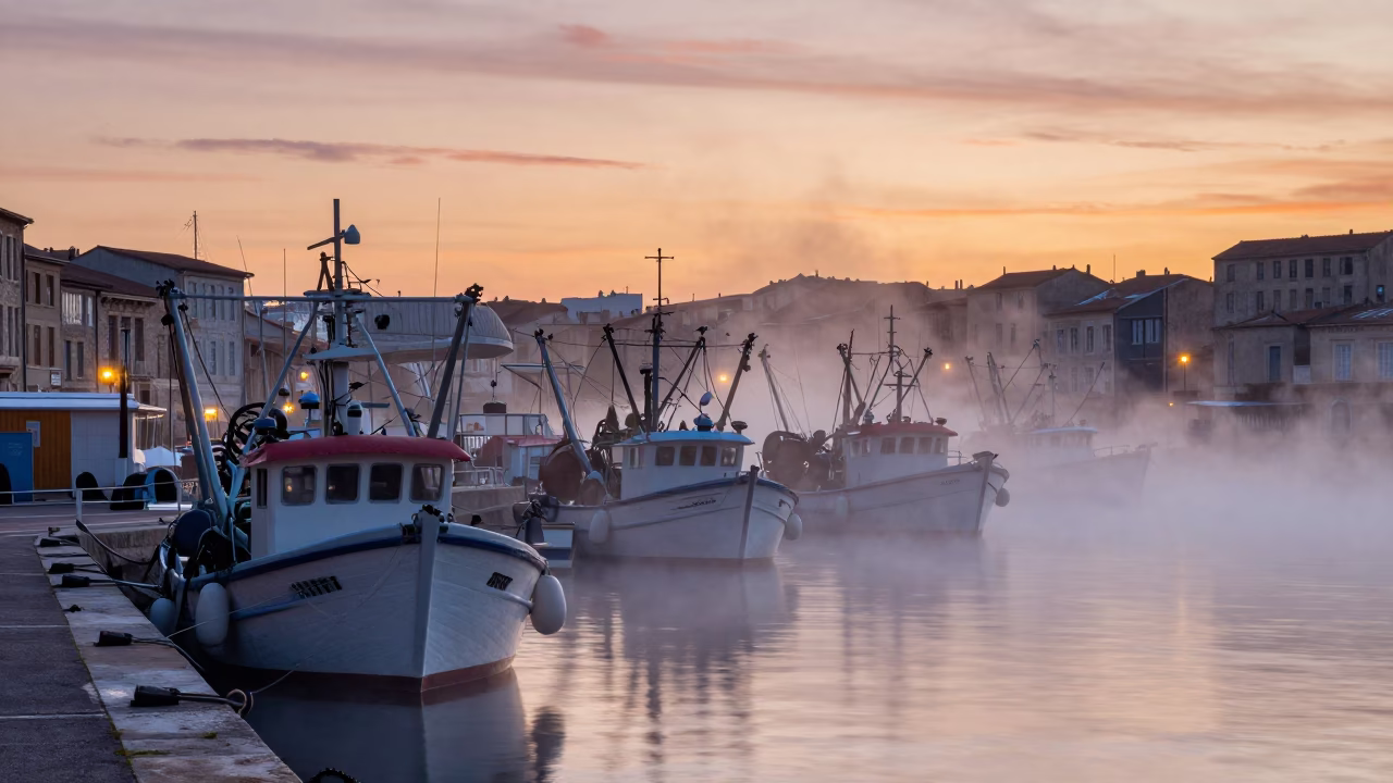 Pre-dawn Marseille Port with Steam Haze and Peg Rails in in Marseille, France