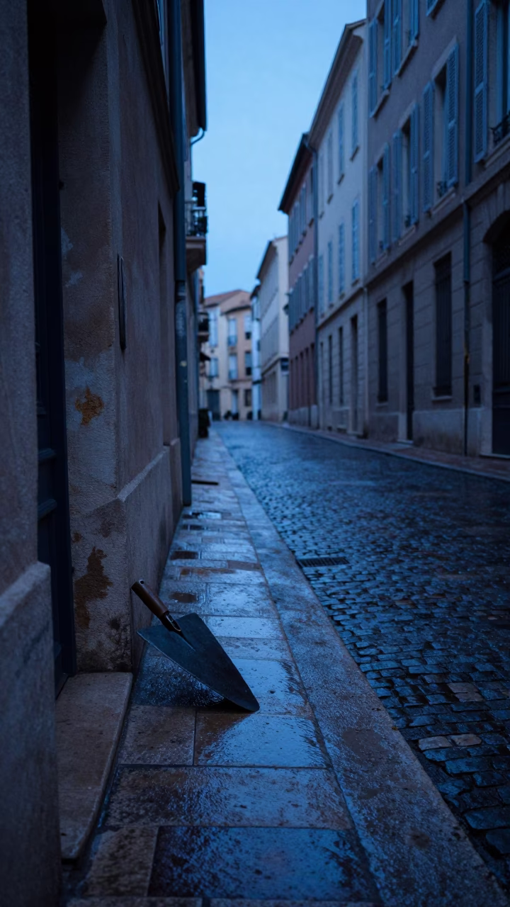 Pre-dawn Marseille street scene with boot scraper and wet cobblestones in in Marseille, France