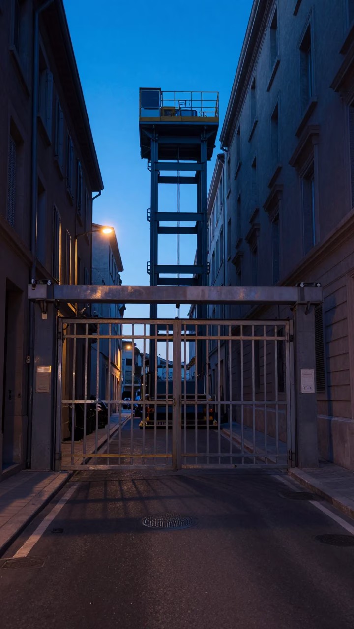 Pre-dawn Marseille street scene with construction elevator gate and rebar bundles waiting nearby in in Marseille, France