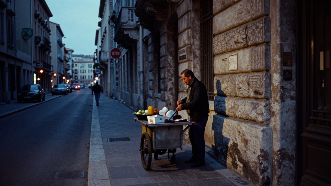 Pre-dawn Marseille Street Scene with Local Vendor and Urban Details in in Marseille, France