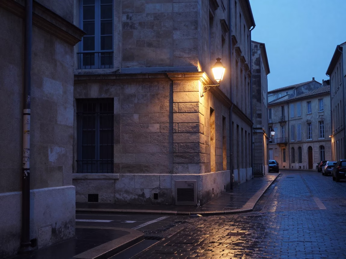 Pre-Dawn Marseille Street Scene with Old Stone Architecture and Wet Cobblestones in in Marseille, France
