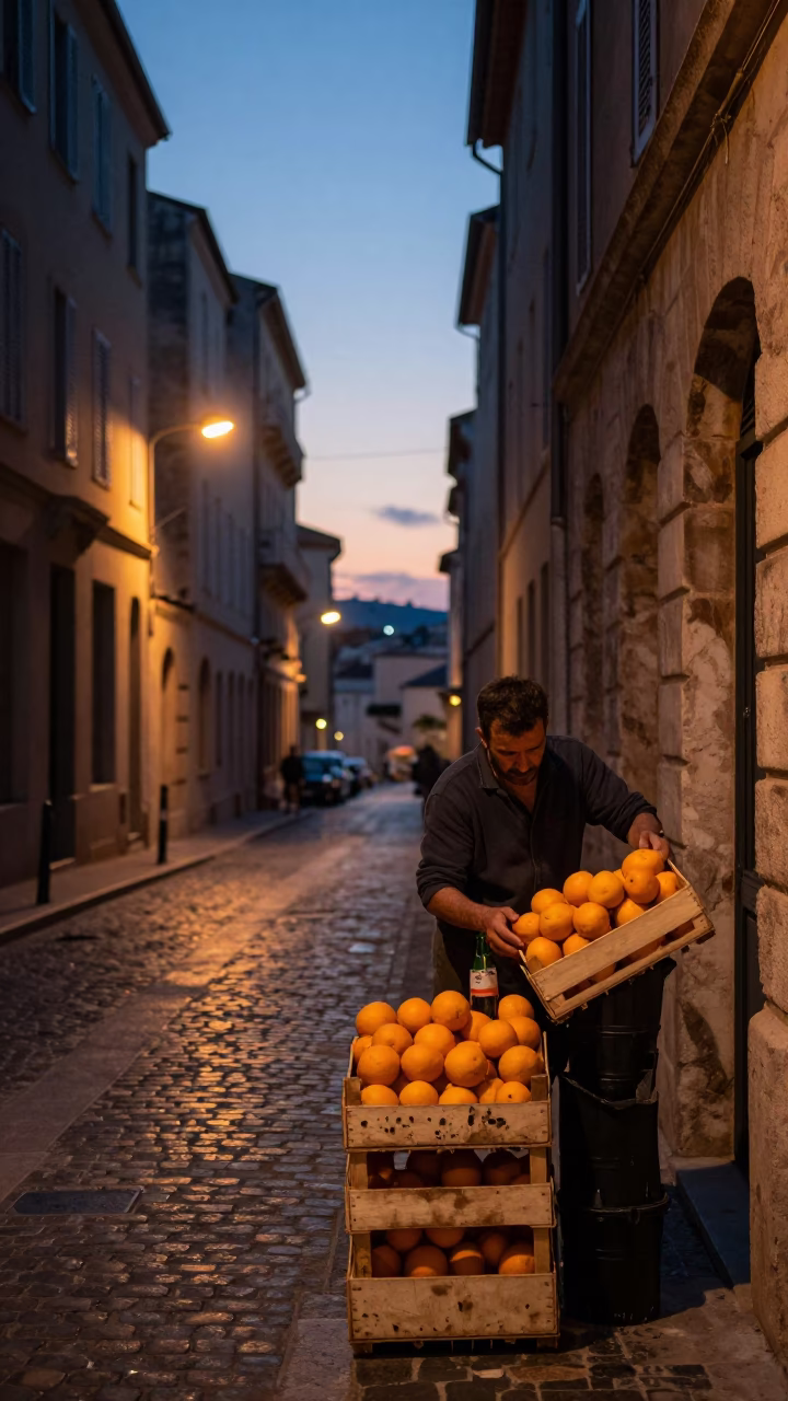 Pre-Dawn Marseille Street Scene with Oranges and Bottle in Historic Alley in in Marseille, France
