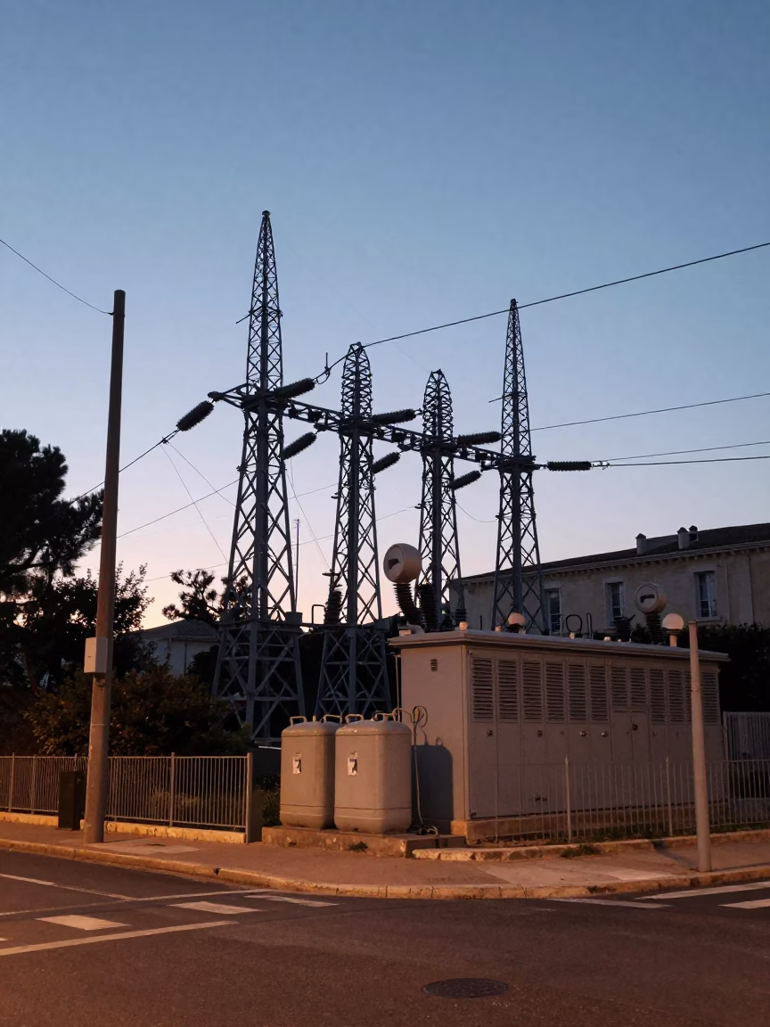 Pre-dawn Marseille street scene with power substation and canisters under twilight sky in in Marseille, France
