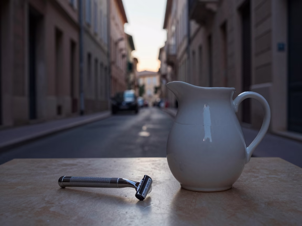 Pre-Dawn Marseille Street Scene with Safety Razor and Ceramic Pitcher in in Marseille, France