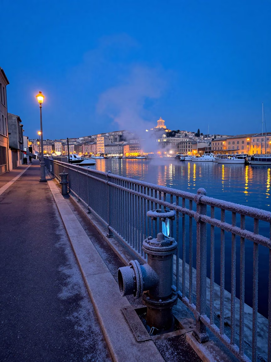 Pre-dawn Marseille Street Scene with Steam and Harbor Reflections in in Marseille, France
