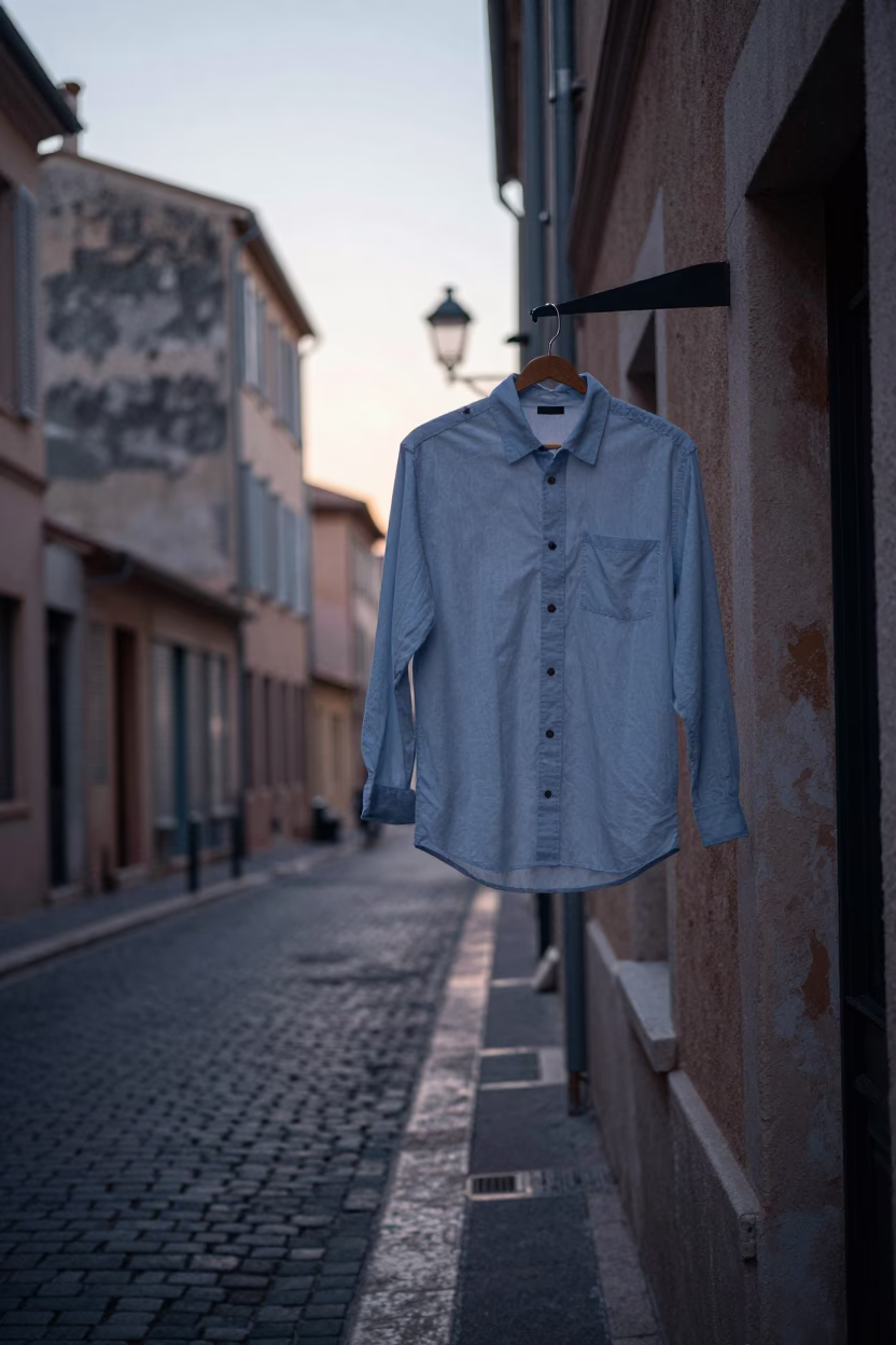 Pre-Dawn Marseille Street Scene with Vintage Shirt Hanger and Violin Case in in Marseille, France