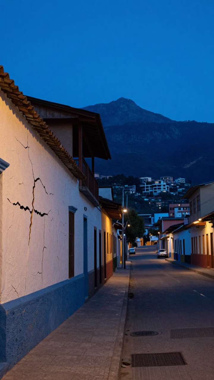 Pre-dawn Medellin street scene with cracked stucco and mountain silhouette in in Medellin, Colombia
