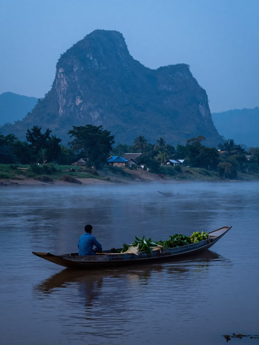 Pre-dawn Mekong River in Luang Prabang Laos with Sampan and Misty Dawn Light in in Luang Prabang, Laos