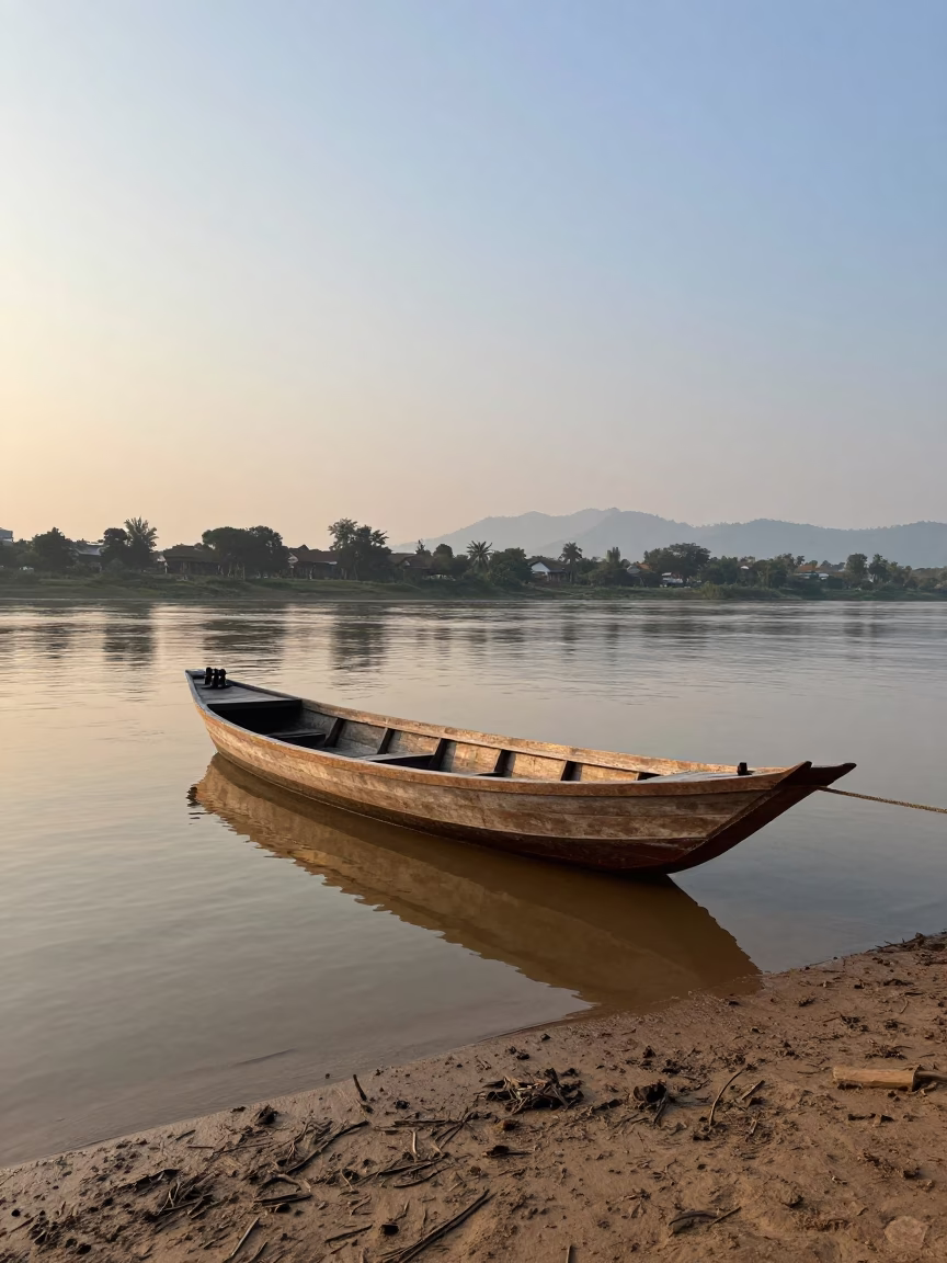 Pre-dawn Mekong River Junk Boat Moored Along Luang Prabang Riverbank in in Luang Prabang, Laos