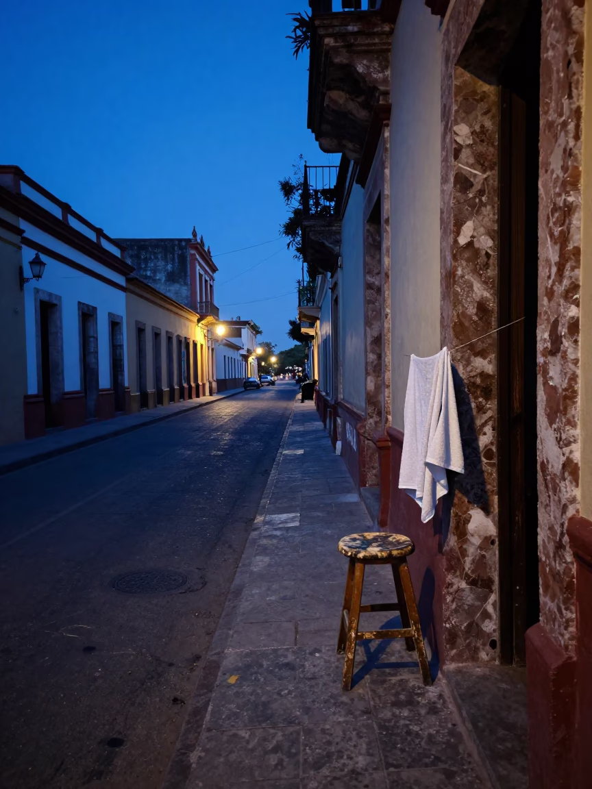 Pre-dawn Merida Mexico Street Scene with Drying Towels and Kitchen Stool in in Merida, Mexico