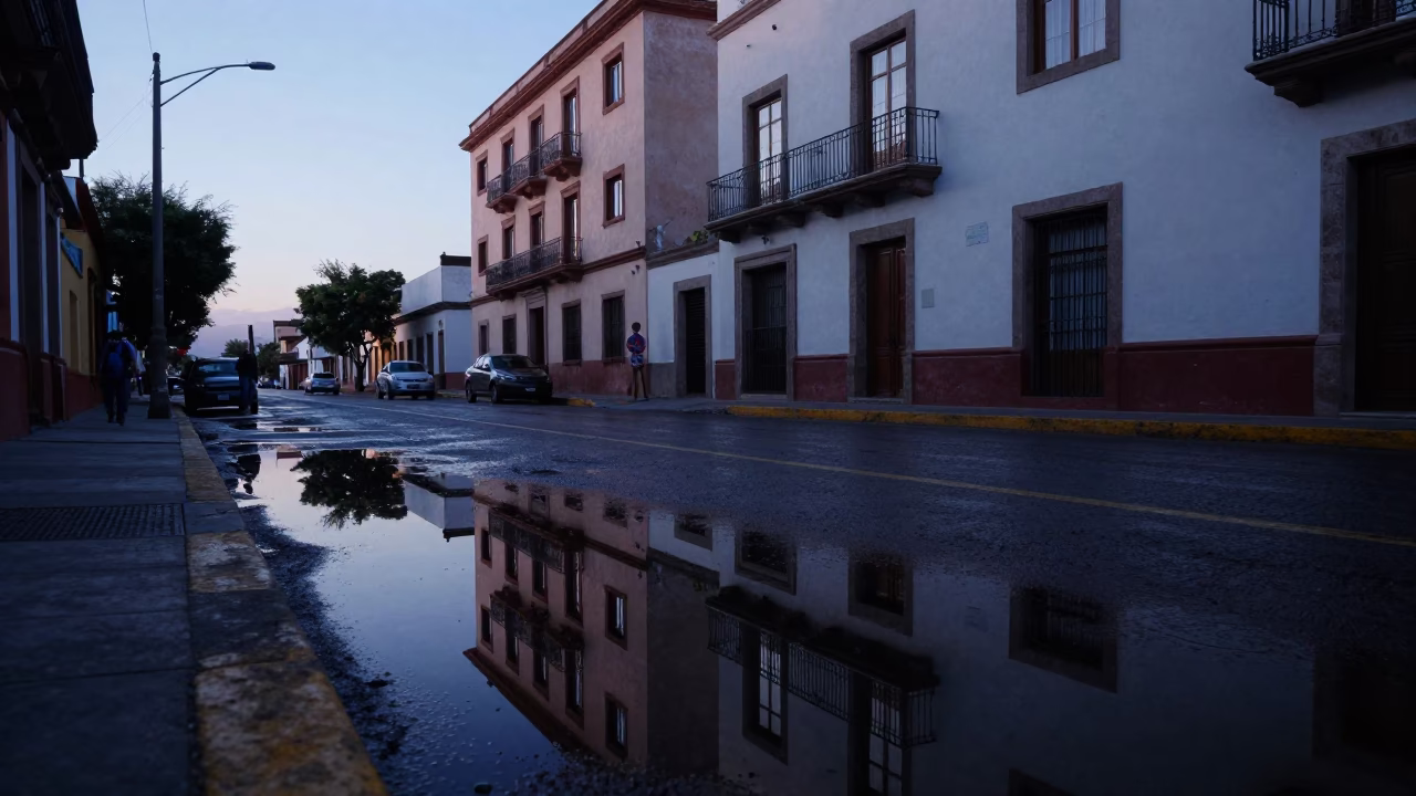 Pre-dawn Merida street scene with puddle reflections of hotel windows and tail lights in in Merida, Mexico