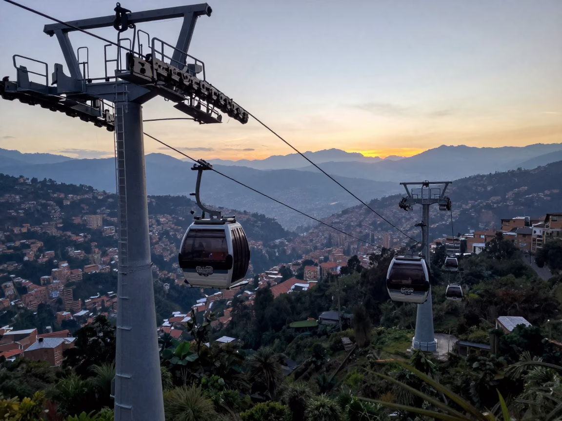 Pre-dawn Metro Cable Car Descent Over Medellin Valley with Vine-Covered Hills in in Medellin, Colombia