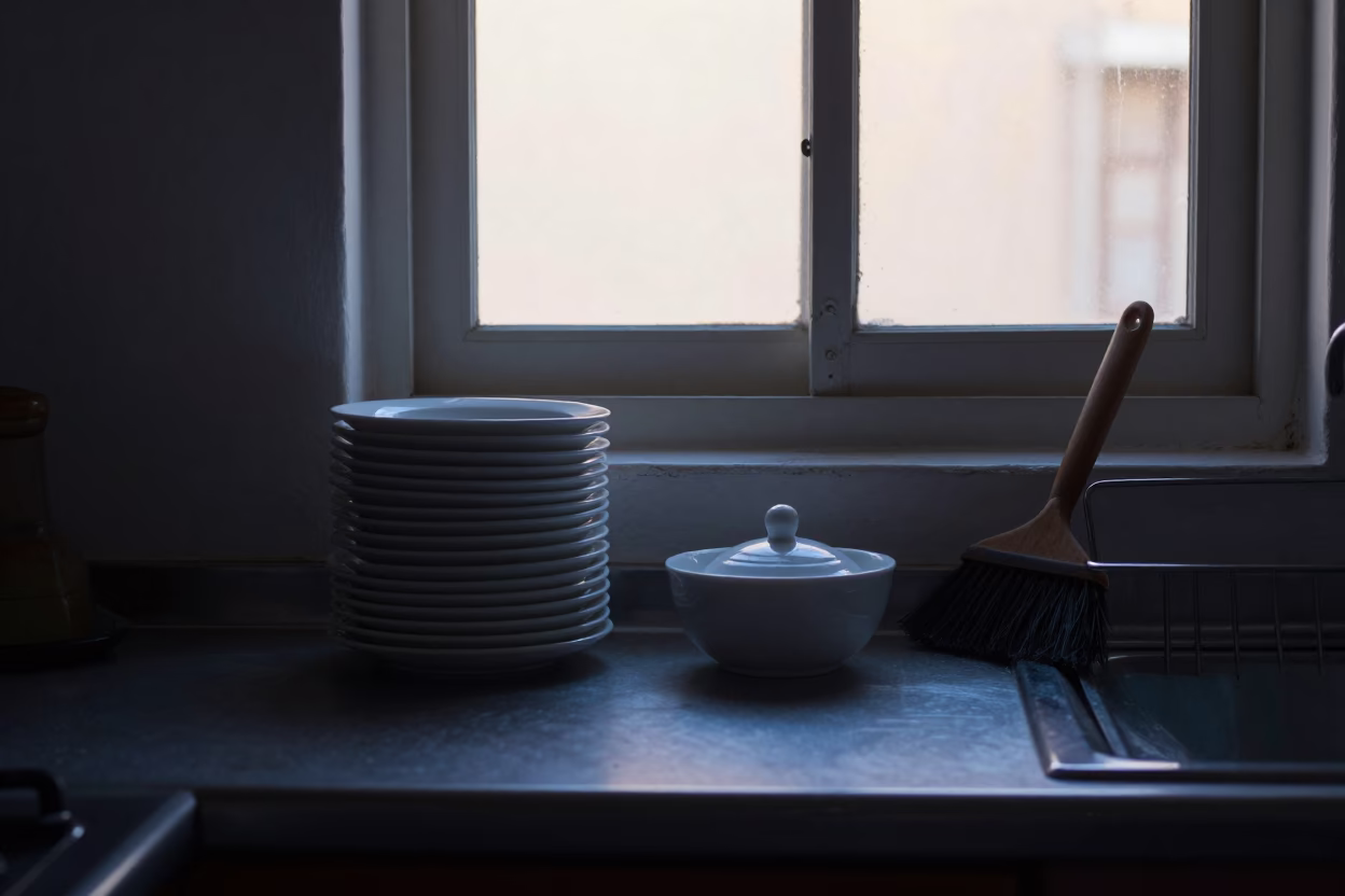 Pre-dawn Mexico City Kitchen with Saucers and Sugar Bowl in in Mexico City, Mexico