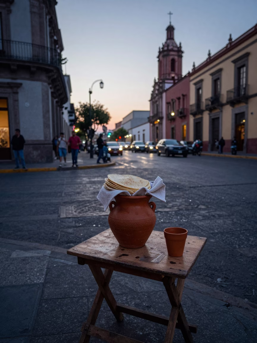 Pre-dawn Mexico City Street Corner with Terracotta Pot and Cup Before Sunrise in in Mexico City, Mexico