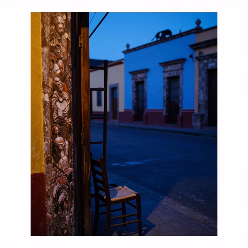 Pre-dawn Mexico City Street Scene with Doorframe and Ladder-Back Chair in in Mexico City, Mexico