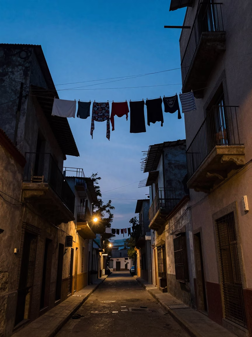 Pre-dawn Mexico City Street Scene with Laundry Lines and Wooden Crates in in Mexico City, Mexico