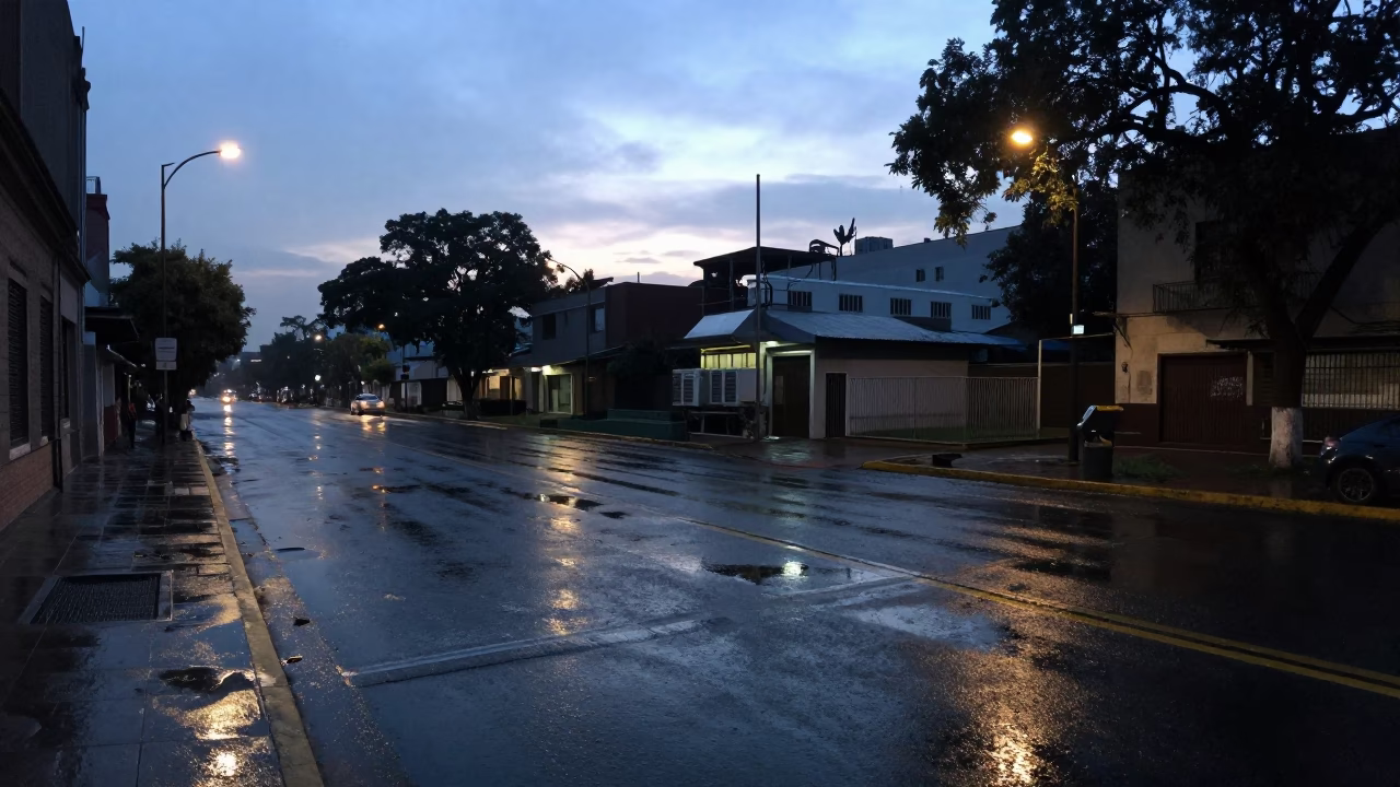 Pre-Dawn Mexico City Street Scene with Rain Puddles and Urban Details in in Mexico City, Mexico
