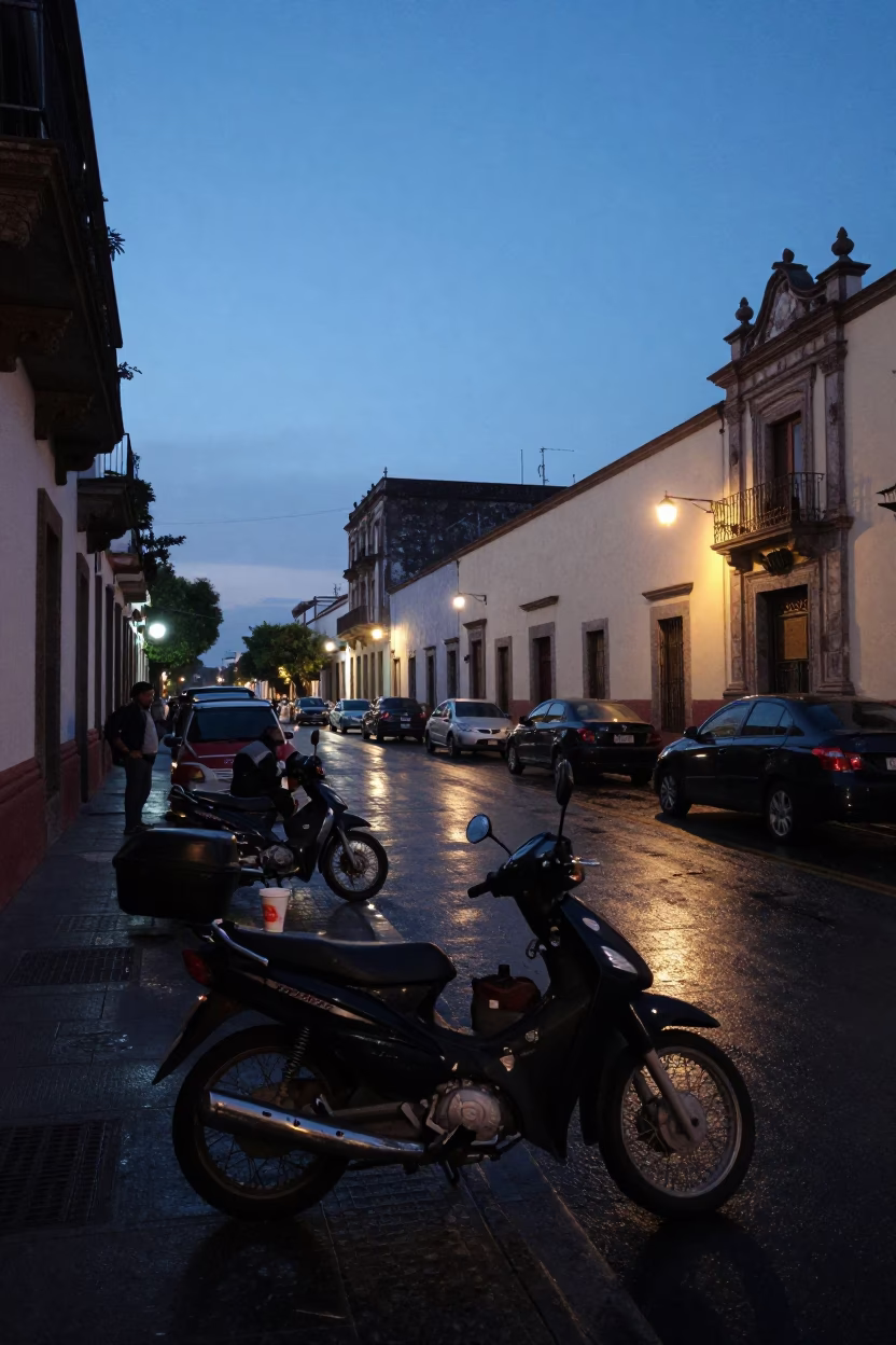 Pre-Dawn Mexico City Street Scene with Vintage Motorcycle and Coffee Stall in in Mexico City, Mexico
