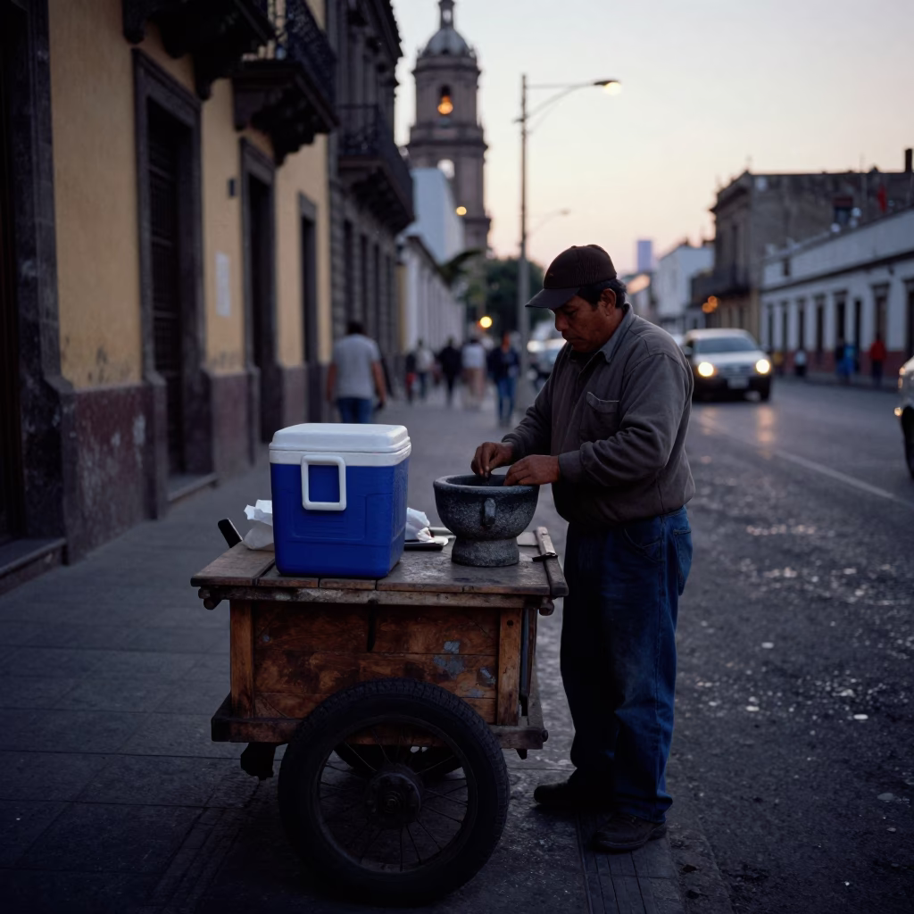 Pre-Dawn Mexico City Street Vendor with Cooler Jug and Mortar Pestle in in Mexico City, Mexico