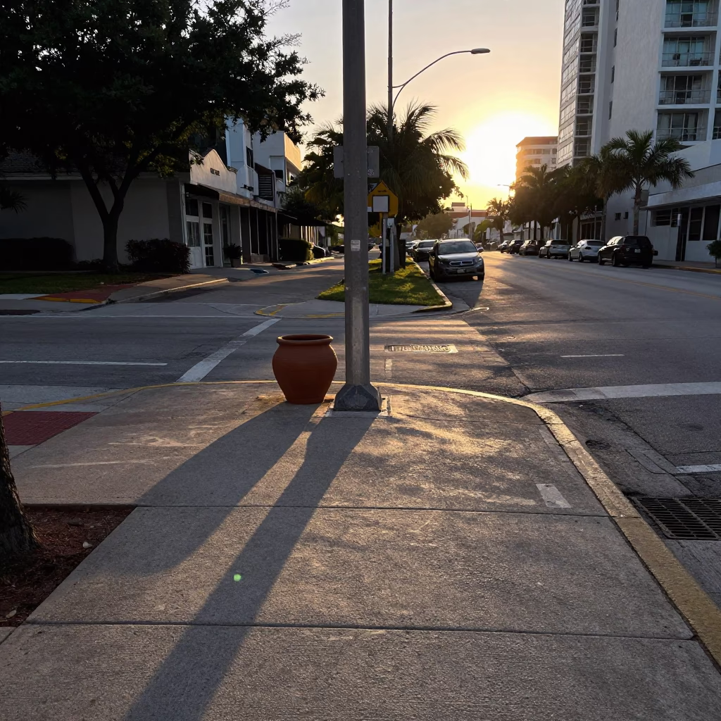 Pre-Dawn Miami Street Corner with Clay Pot and Urban Architecture in in Miami, Florida, United States