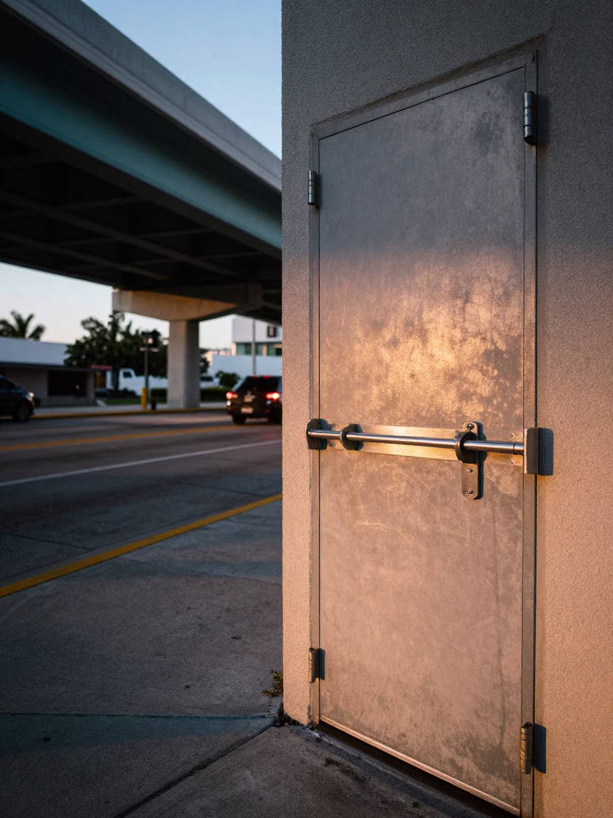 Pre-dawn Miami Street Scene with Brushed Steel Latch and Flyover Shadows in in Miami, Florida, United States