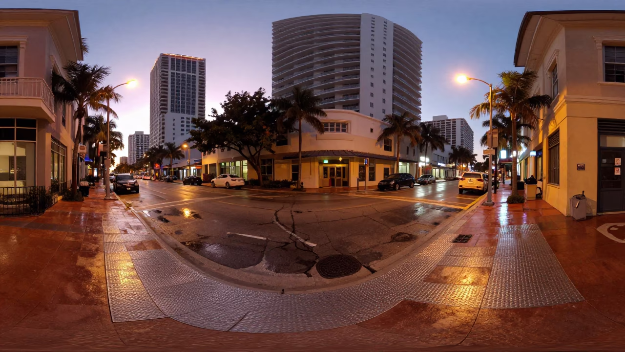 Pre-Dawn Miami Street Scene with Brushed Steel Tile and Soap Residue in in Miami, Florida, United States