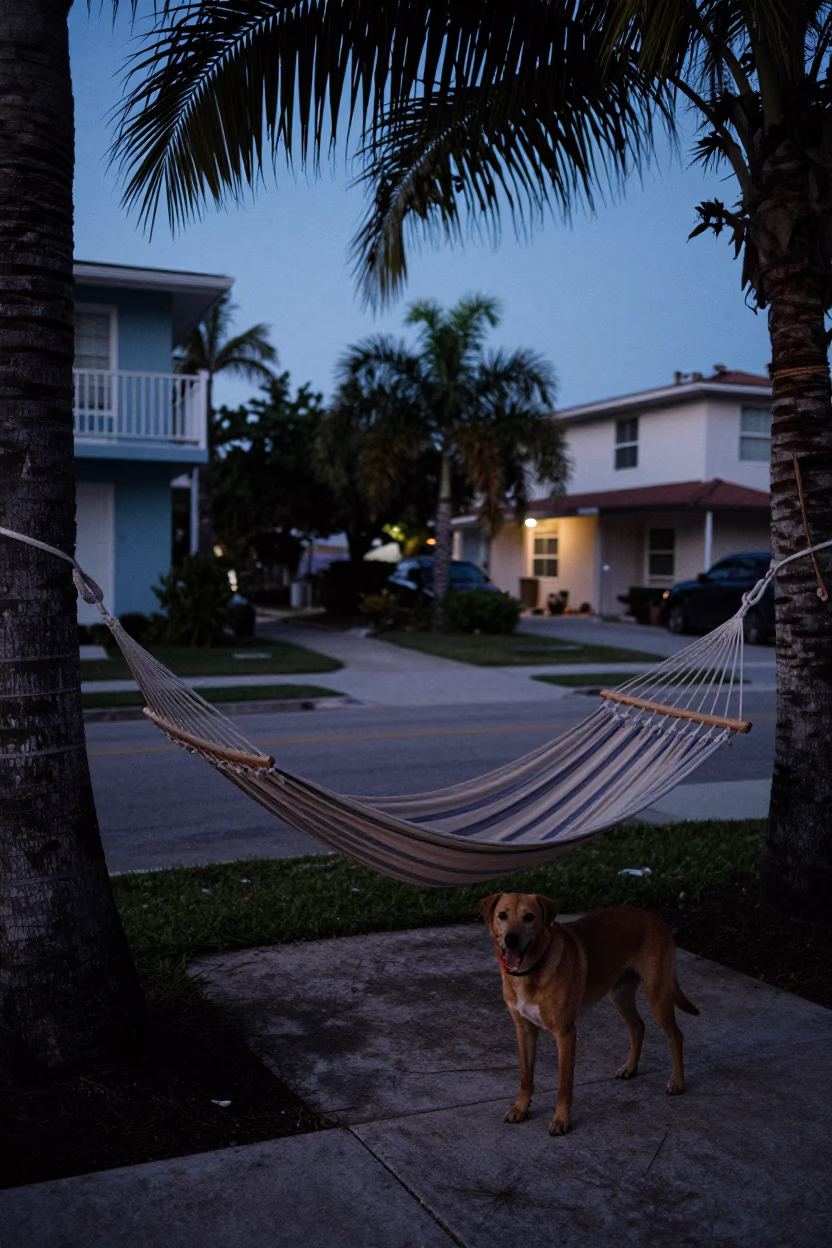 Pre-Dawn Miami Street Scene with Hammock and Brown Dog in Florida in in Miami, Florida, United States
