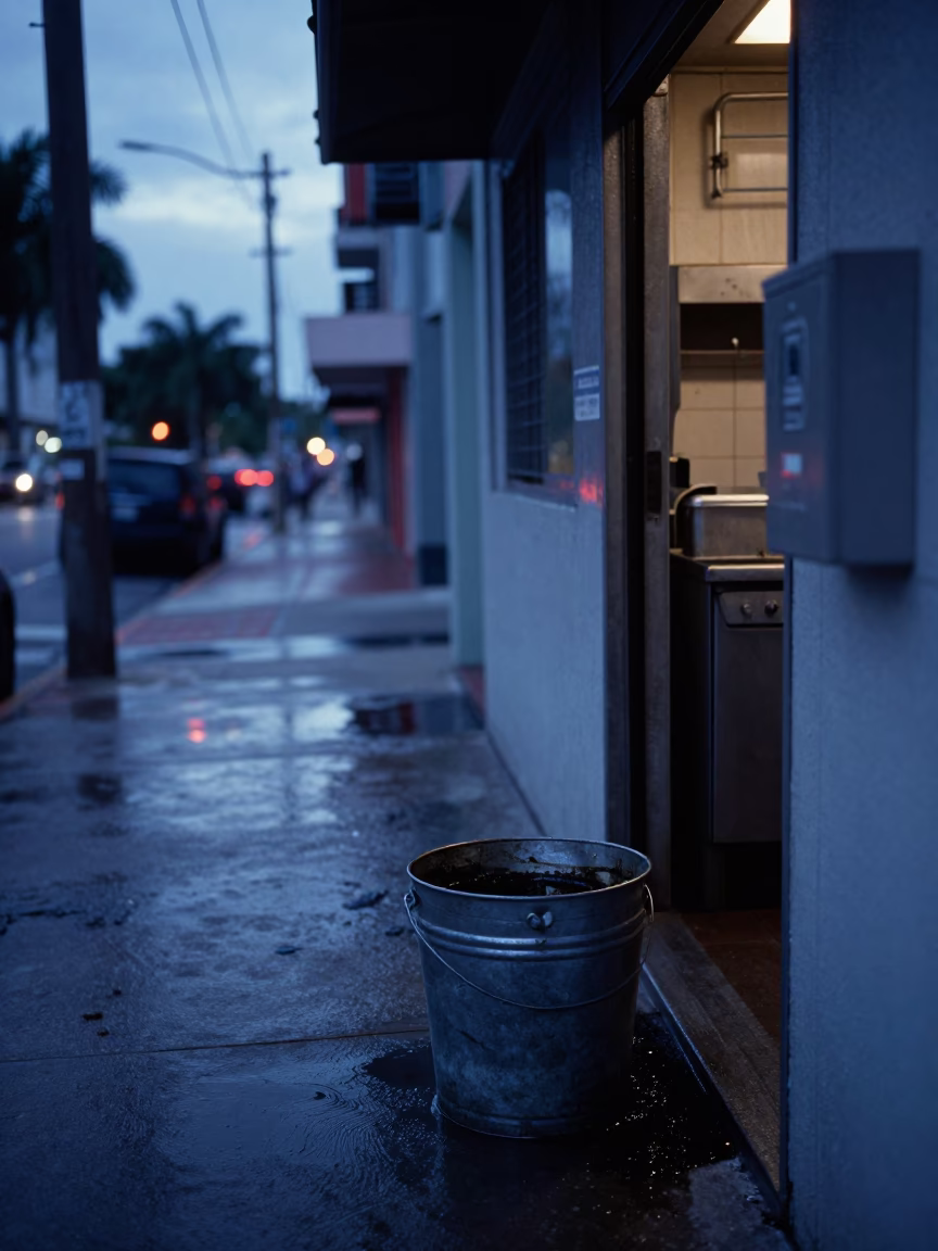 Pre-dawn Miami street scene with metal bucket and grease sheen on basin lip in in Miami, Florida, United States