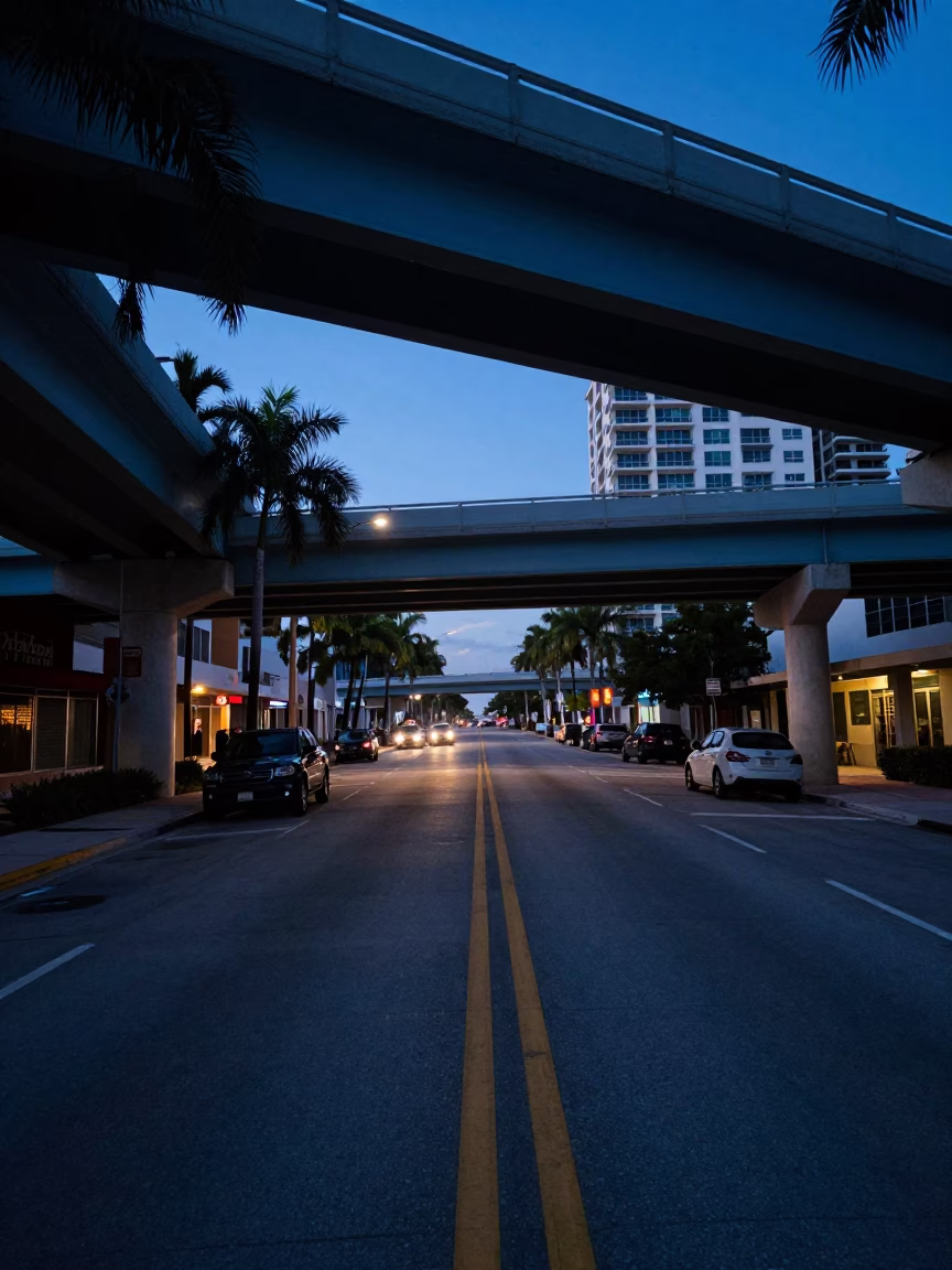 Pre-Dawn Miami Street Scene with Overpass Interchange Lane Split Lit by Taillight Streaks in in Miami, Florida, United States