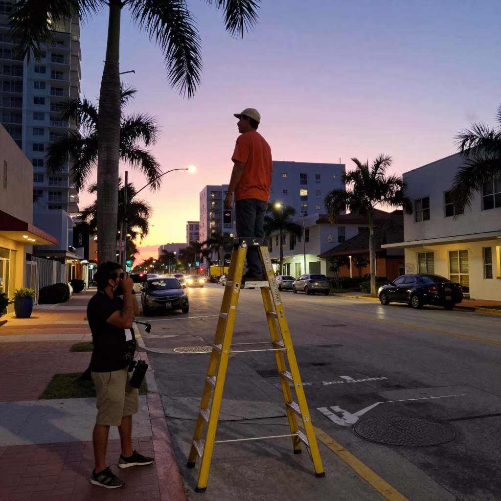 Pre-Dawn Miami Street Scene with Step Ladder and Alarm Clock in in Miami, Florida, United States