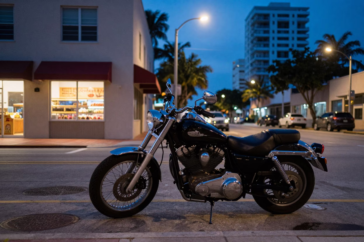Pre-dawn Miami Street Scene with Vintage Motorcycle and Bakery Pastries Display in in Miami, Florida, United States
