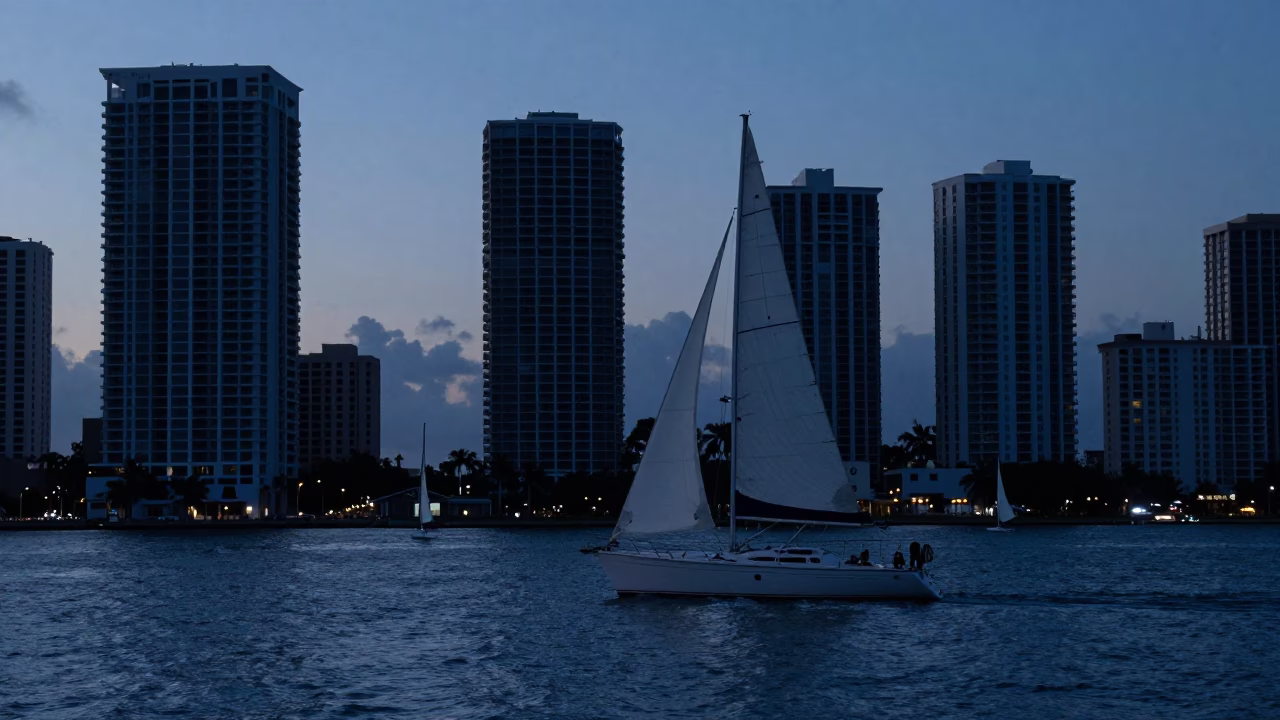 Pre-dawn Miami waterfront with sailing yacht entering anchorage and turnbuckle details in in Miami, Florida, United States