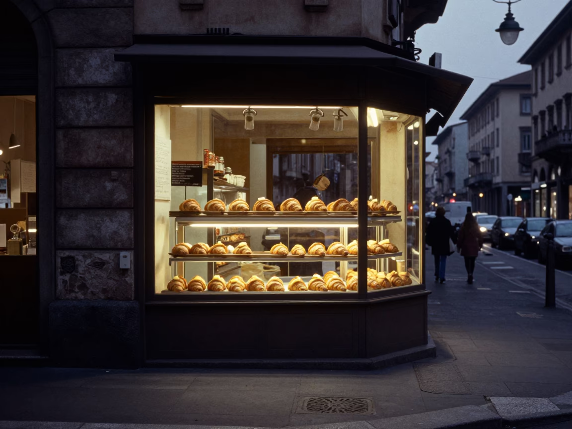 Pre-dawn Milan Street Scene with Bakery Display and Urban Shadows in in Milan, Italy