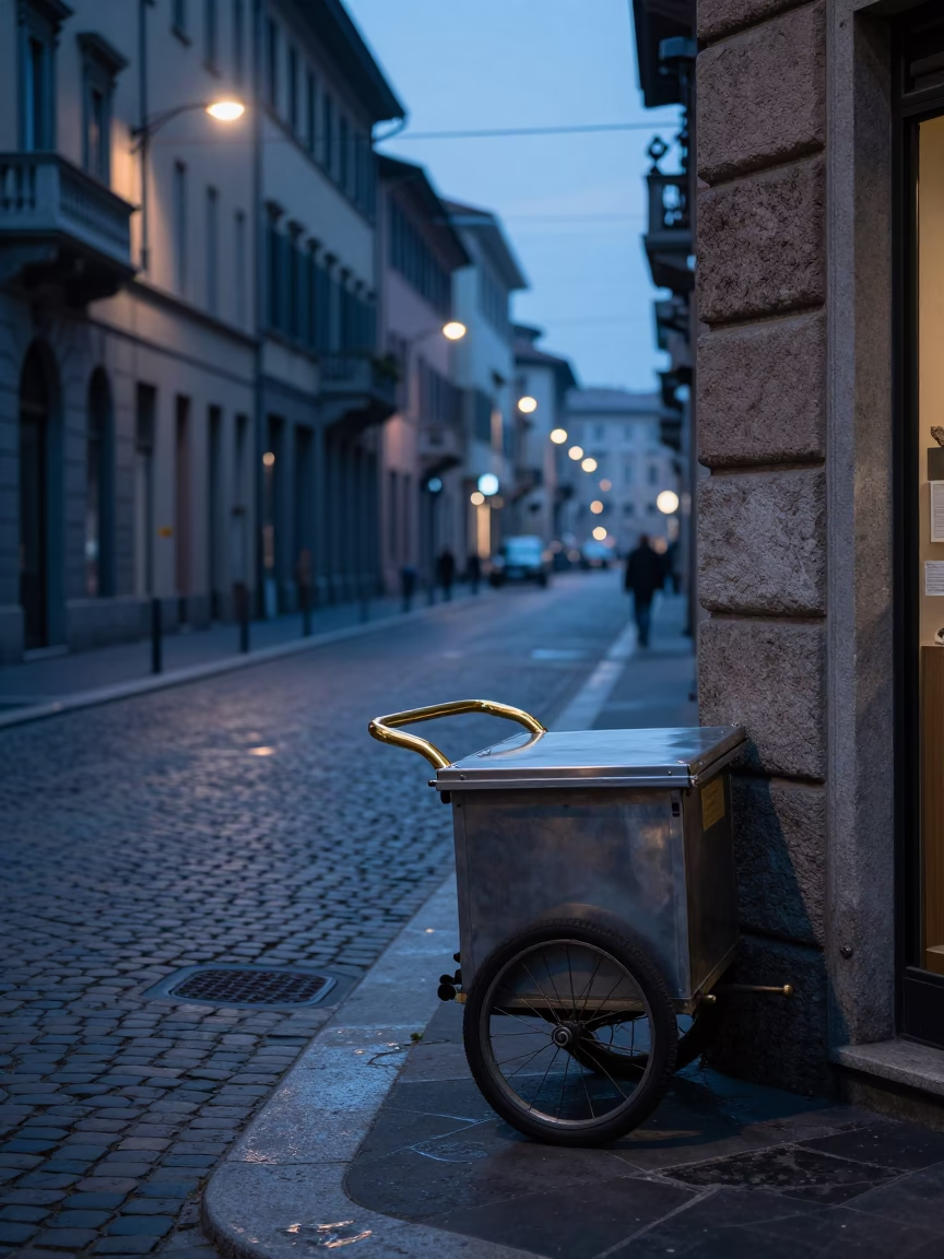 Pre-dawn Milan street scene with brass handle and blue porcelain bowl in in Milan, Italy