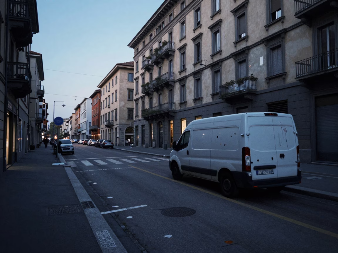 Pre-Dawn Milan Street Scene with Paint Flecks and Urban Architecture in in Milan, Italy