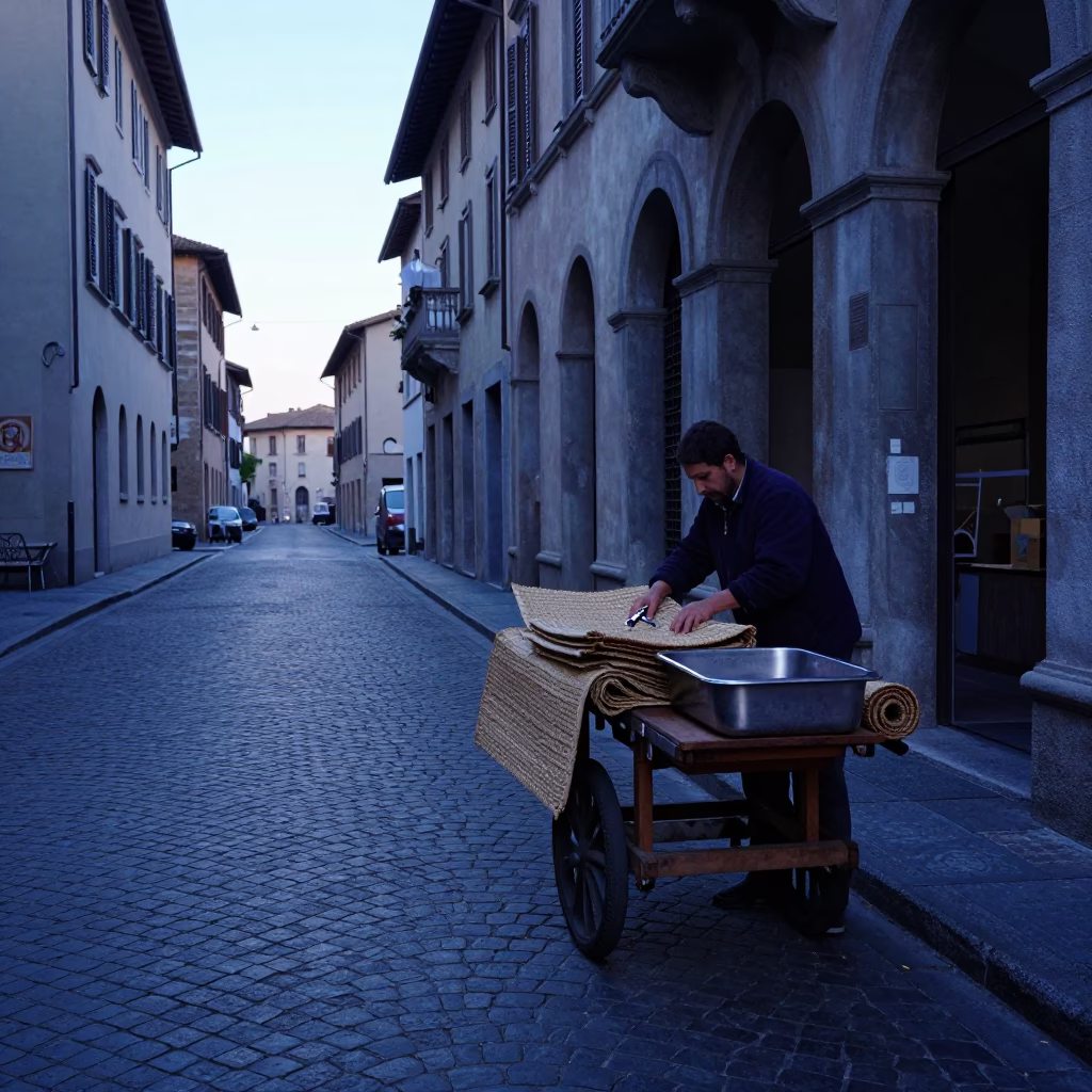 Pre-Dawn Milan Street Scene with Woven Mats and Hammered Metal Light in in Milan, Italy