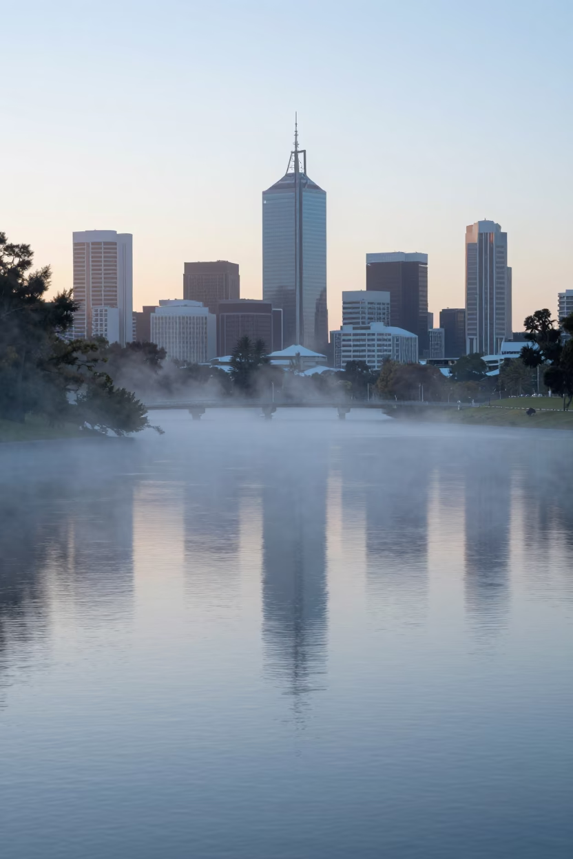 Pre-dawn Mist in Perth at Sunrise Light in in Perth, Western Australia, Australia