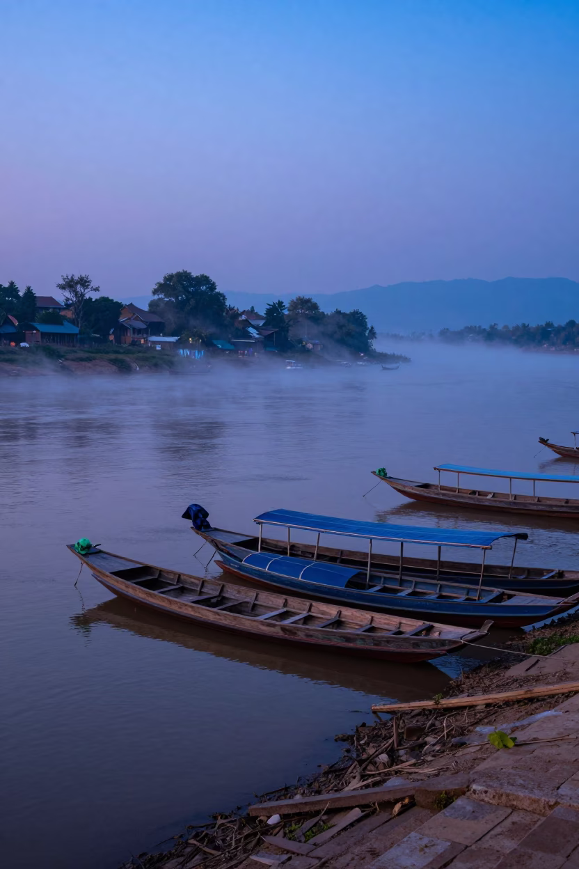 Pre-dawn Mist on Mekong River with Traditional Longtail Boats in Luang Prabang Laos in in Luang Prabang, Laos