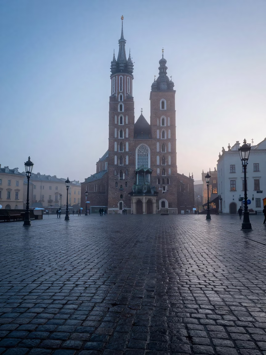 Pre-dawn Mist Over Krakow Old Town Cobblestones and Historic Architecture in in Krakow, Poland